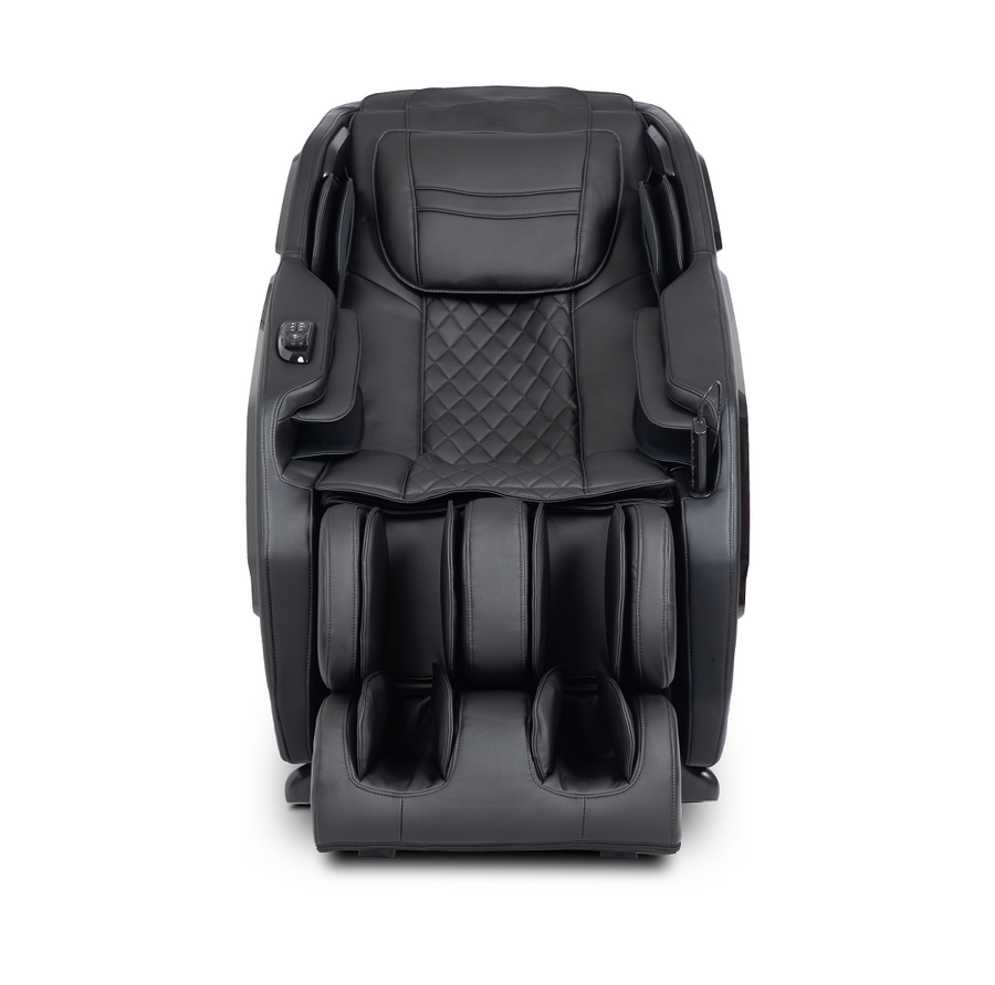 ErgoTec ET-180 Pluto black 3D L-Track massage chair with padded seat and leg rests.
