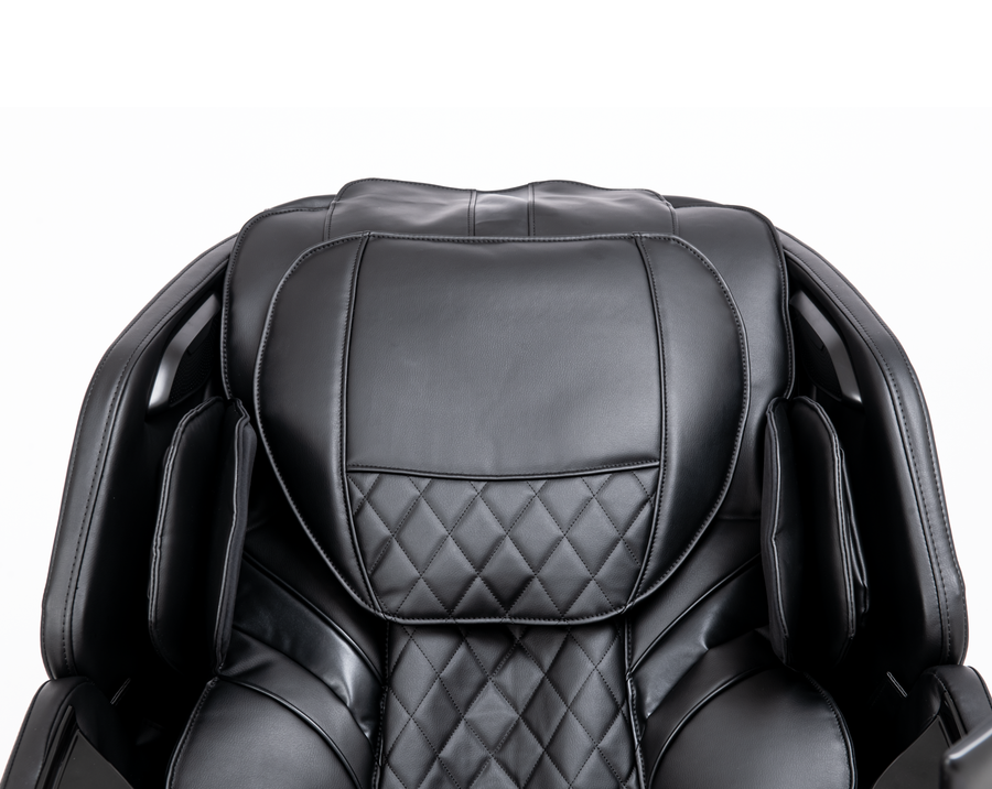 ErgoTec ET-400 Venus massage chair, 3D L-Track, black leather, quilted stitching, front view.