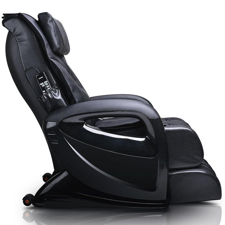 ErgoTec ET-100 Mercury: black 2D S-Track massage chair with lumbar heat, shown side profile.