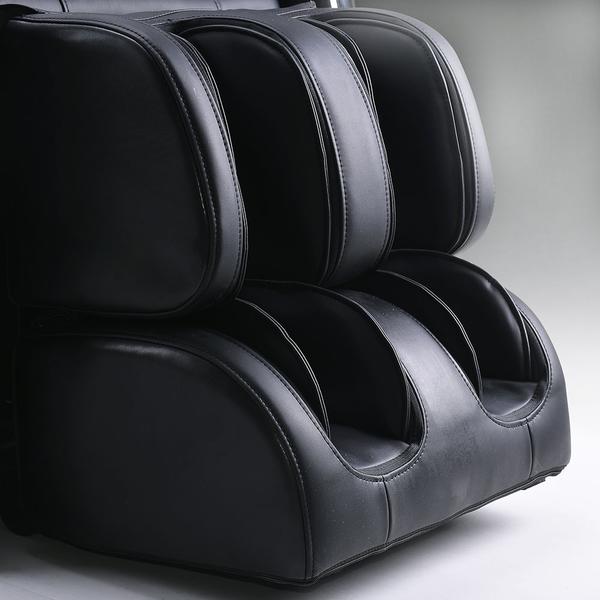 Close-up of ErgoTec ET-100 Mercury black leather foot and calf massager for compact chairs.