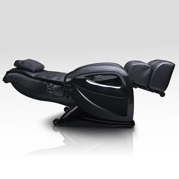 ErgoTec ET-100 Mercury black 2D S-Track massage chair with footrest on light background.