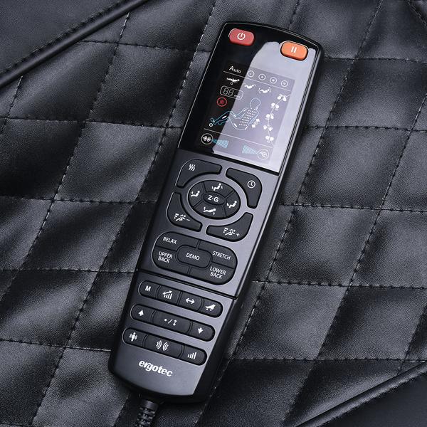 Black remote with display on quilted black ErgoTec ET-210 Saturn Massage Chair.