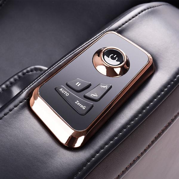 Close-up of ErgoTec ET-300 Jupiter control panel on a leather armrest.