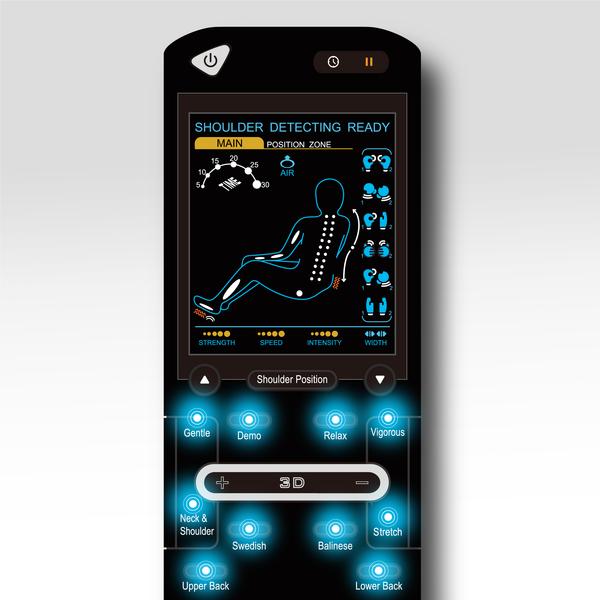 ErgoTec ET-300 Jupiter Massage Chair remote shows 3D L-Track settings and user diagram.