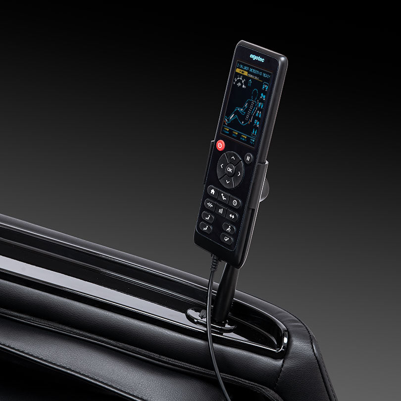 The ErgoTec ET-400 Venus features a black LCD remote on leather, perfect for foot massage control.