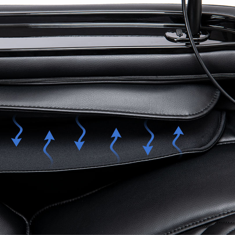 Close-up of ErgoTec ET-400 Venus seat with 3D L-Track and blue arrows for ventilation.